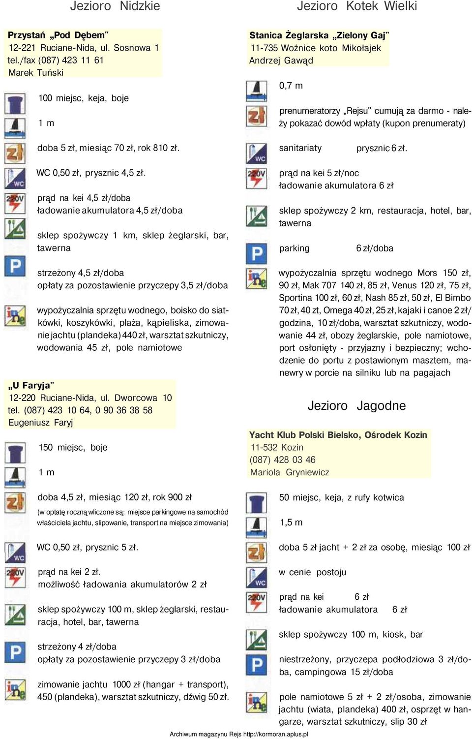 darmo - należy pokazać dowód wpłaty (kupon prenumeraty) doba 5 zł, miesiąc 70 zł, rok 810 zł. sanitariaty prysznic 6 zł. WC 0,50 zł, prysznic 4,5 zł.