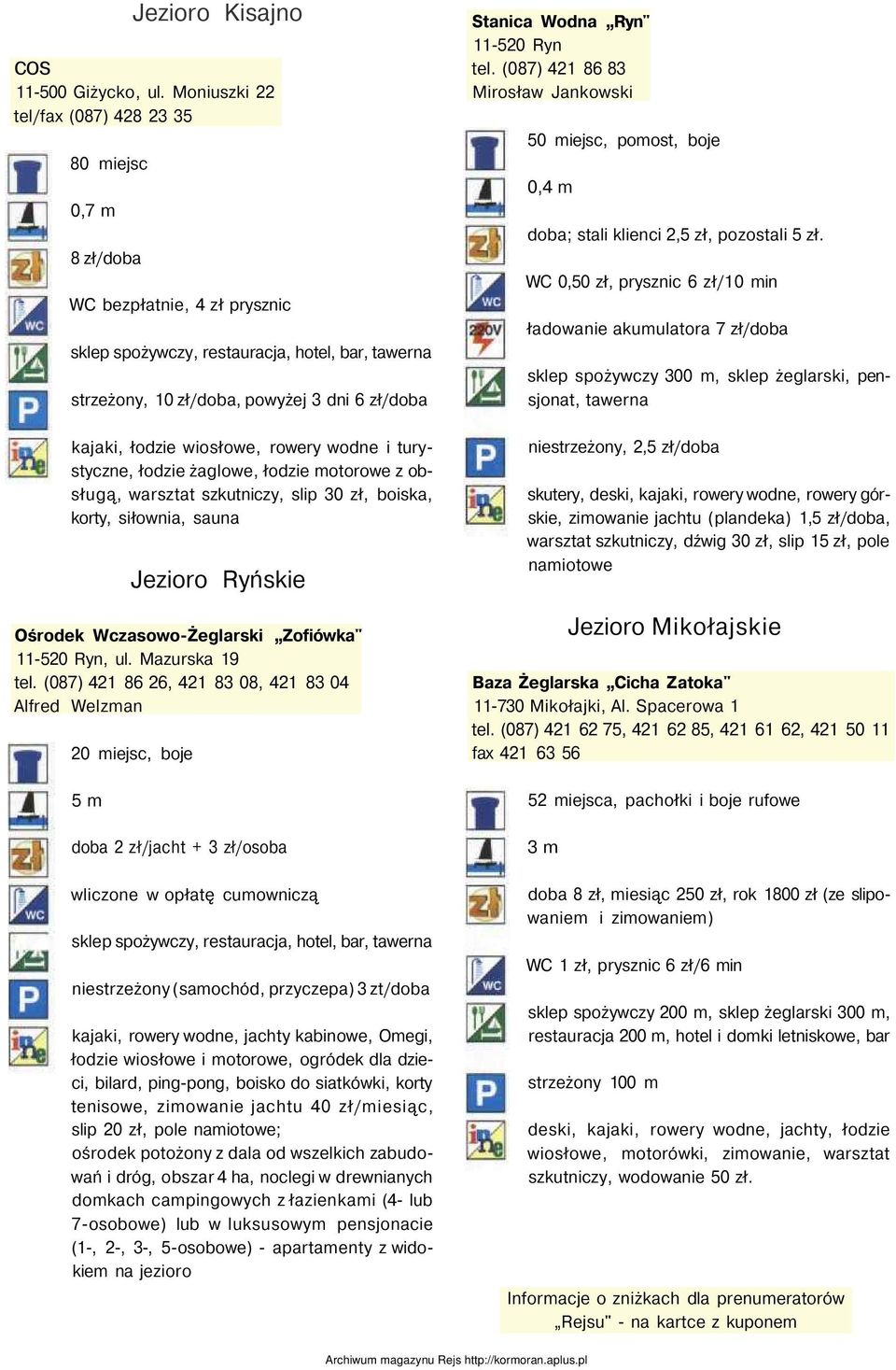 wiosłowe, rowery wodne i turystyczne, łodzie żaglowe, łodzie motorowe z obsługą, warsztat szkutniczy, slip 30 zł, boiska, korty, siłownia, sauna Jezioro Ryńskie Ośrodek Wczasowo-Żeglarski Zofiówka"