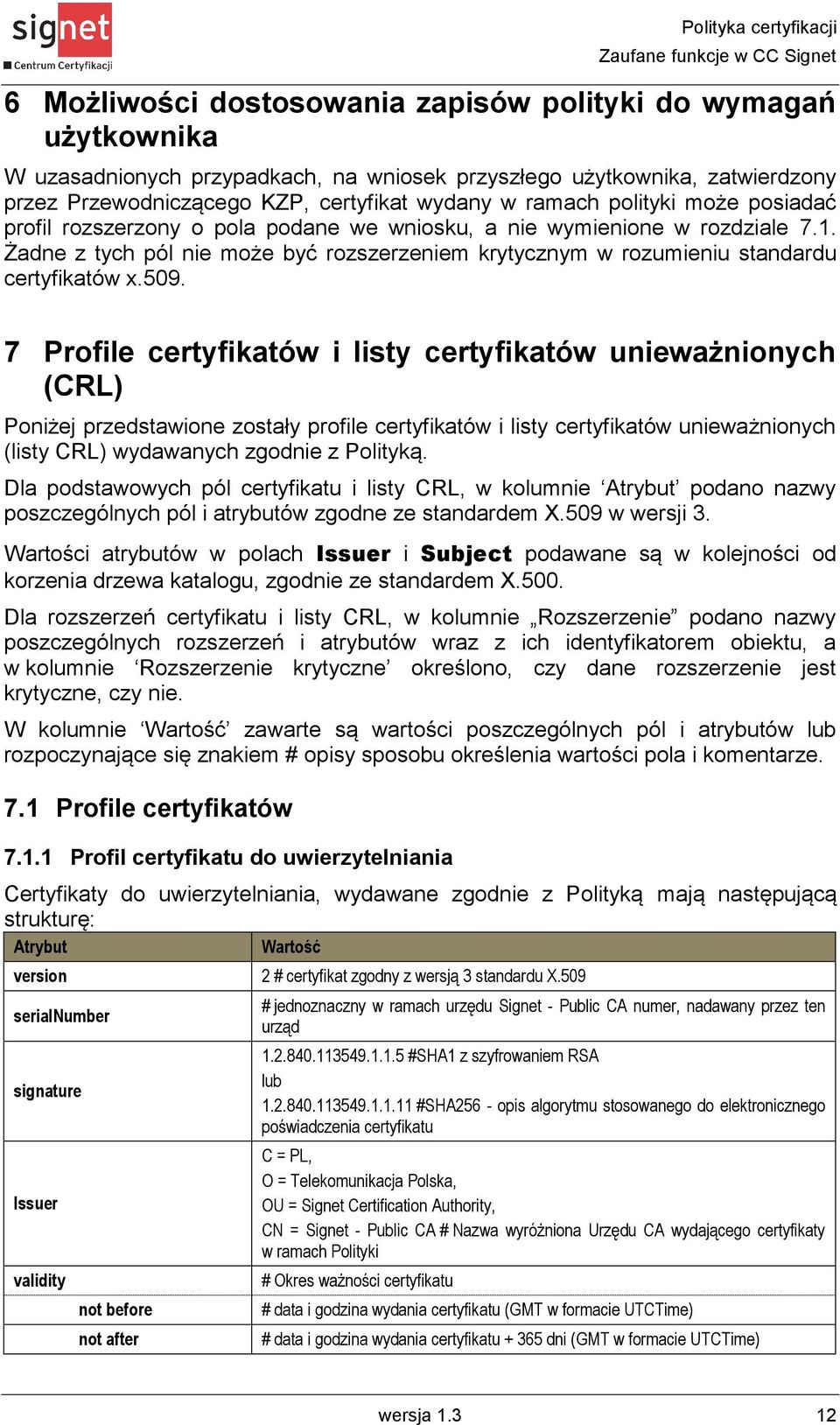 7 Profile certyfikatów i listy certyfikatów unieważnionych (CRL) Poniżej przedstawione zostały profile certyfikatów i listy certyfikatów unieważnionych (listy CRL) wydawanych zgodnie z Polityką.
