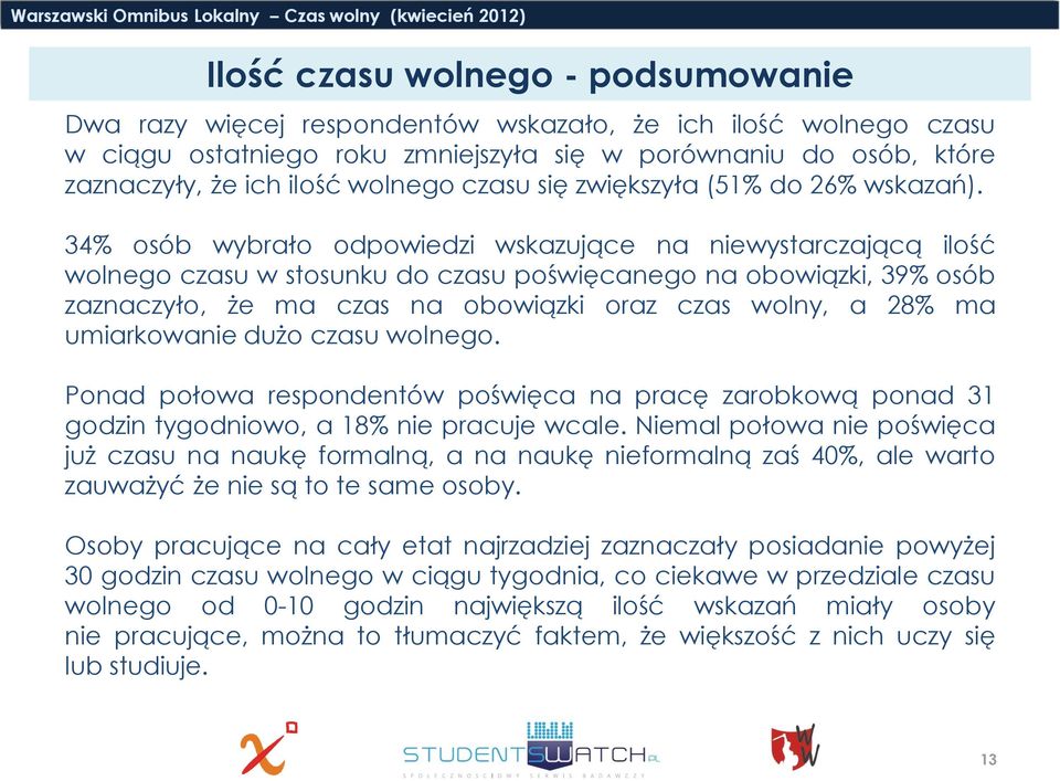 34% osób wybrało odpowiedzi wskazujące na niewystarczającą ilość wolnego czasu w stosunku do czasu poświęcanego na obowiązki, 39% osób zaznaczyło, że ma czas na obowiązki oraz czas wolny, a 28% ma