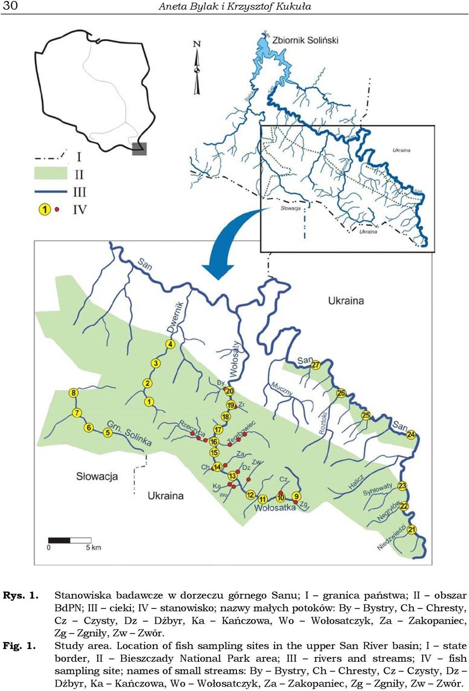 Stanowiska badawcze w dorzeczu górnego Sanu; I granica państwa; II obszar BdPN; III cieki; IV stanowisko; nazwy małych potoków: By Bystry, Ch