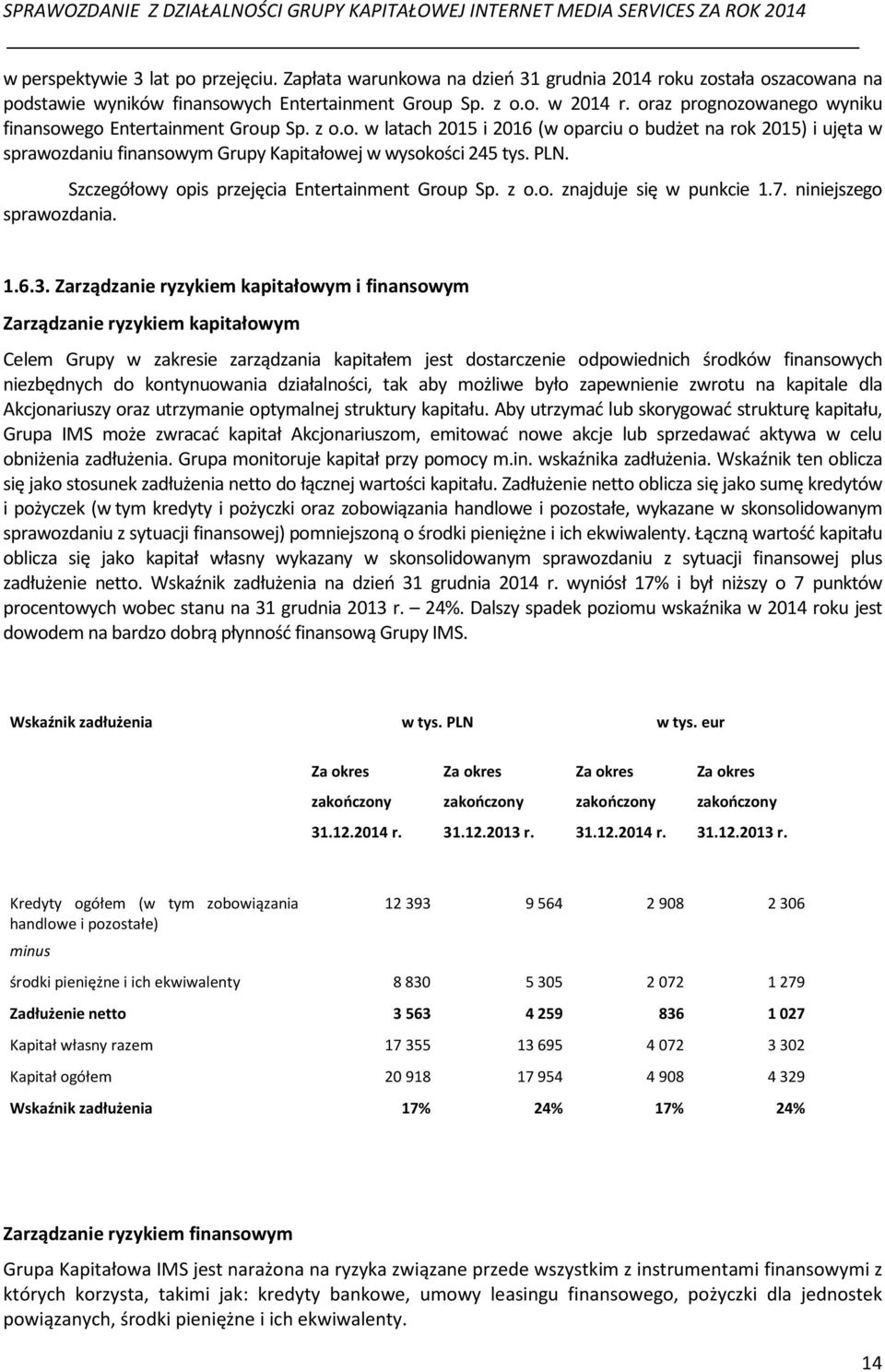 PLN. Szczegółowy opis przejęcia Entertainment Group Sp. z o.o. znajduje się w punkcie 1.7. niniejszego sprawozdania. 1.6.3.