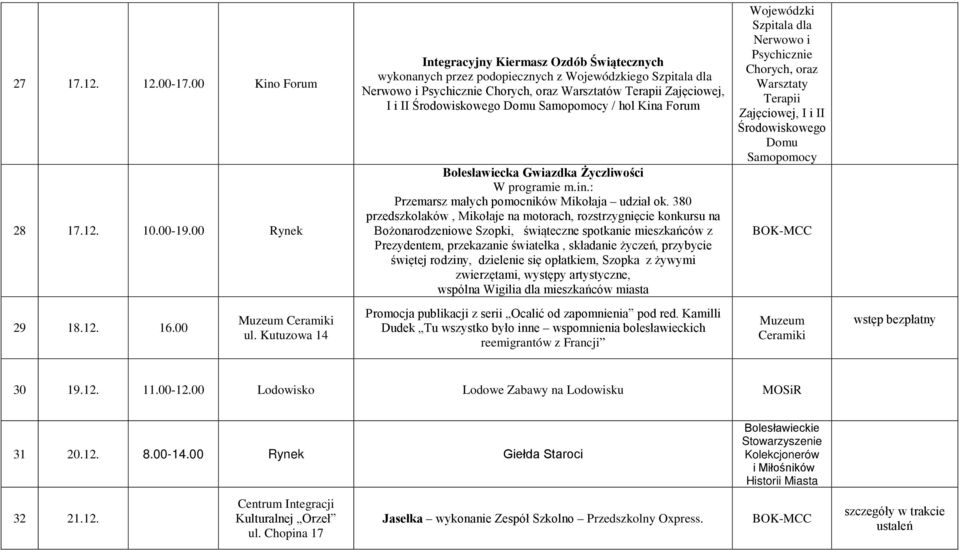Domu Samopomocy / hol Kina Forum Bolesławiecka Gwiazdka Życzliwości W programie m.in.: Przemarsz małych pomocników Mikołaja udział ok.