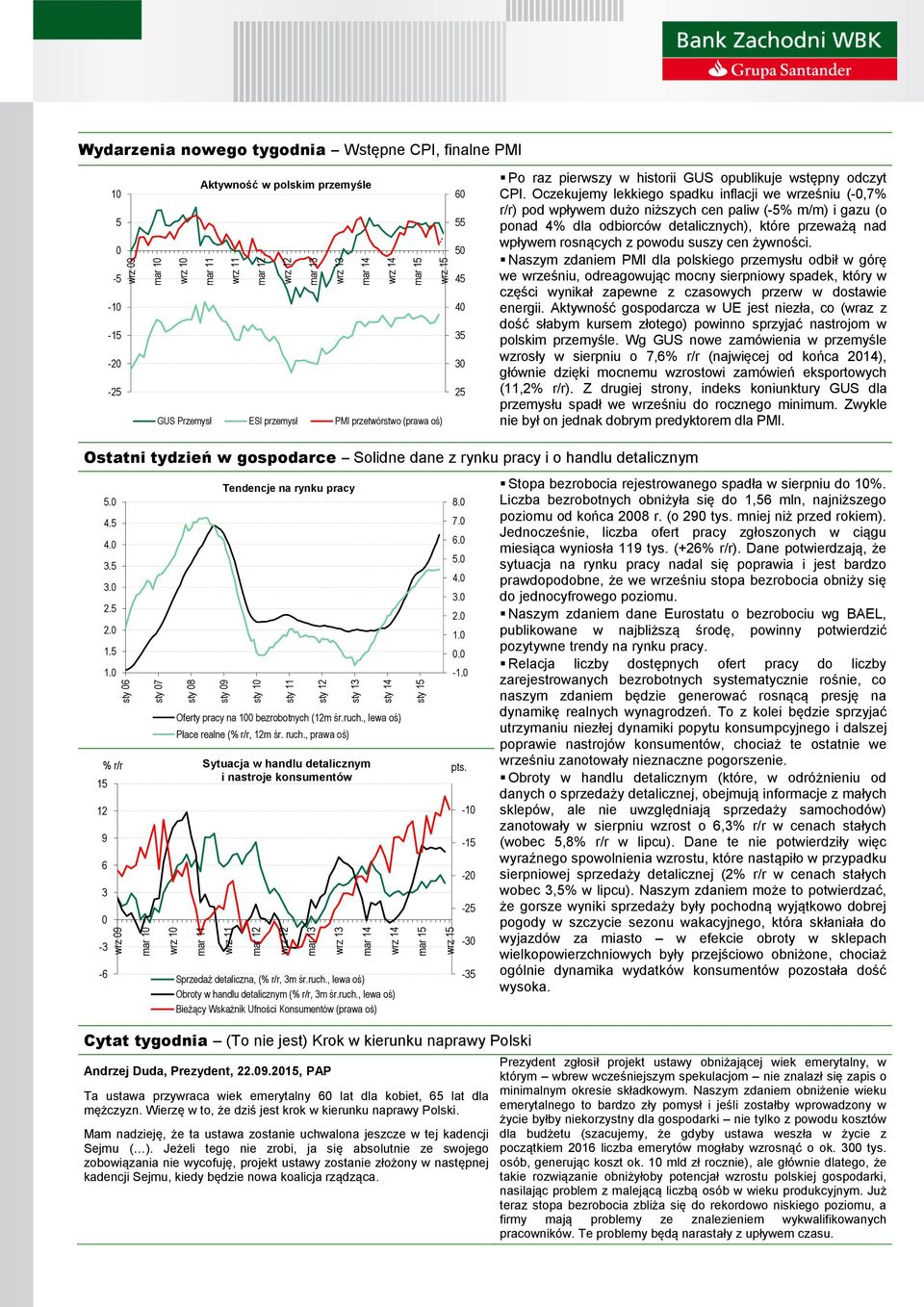 Oczekujemy lekkiego spadku inflacji we wrześniu (-,7% r/r) pod wpływem dużo niższych cen paliw (-5% m/m) i gazu (o ponad 4% dla odbiorców detalicznych), które przeważą nad wpływem rosnących z powodu