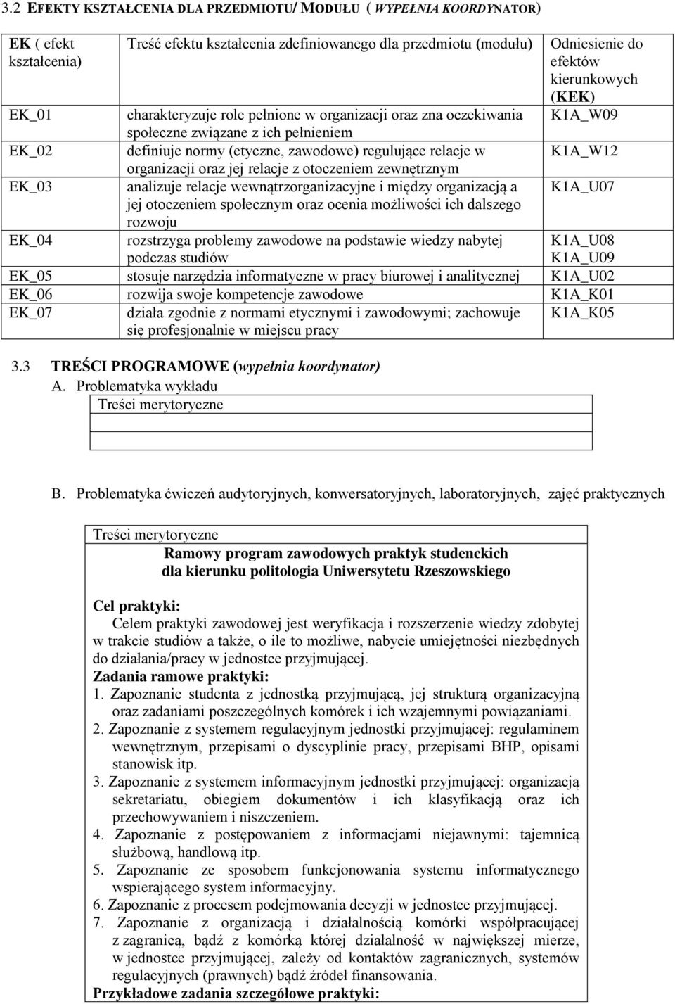 oraz jej relacje z otoczeniem zewnętrznym EK_03 analizuje relacje wewnątrzorganizacyjne i między organizacją a K1A_U07 jej otoczeniem społecznym oraz ocenia możliwości ich dalszego rozwoju EK_04