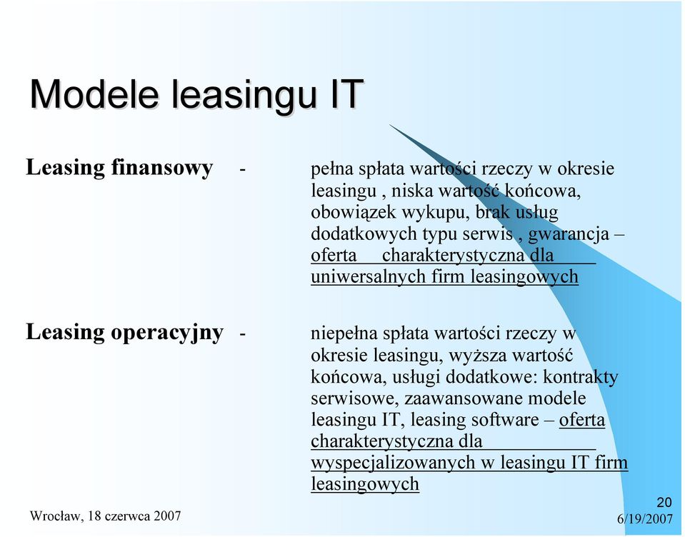 operacyjny - niepełna spłata wartości rzeczy w okresie leasingu, wyższa wartość końcowa, usługi dodatkowe: kontrakty