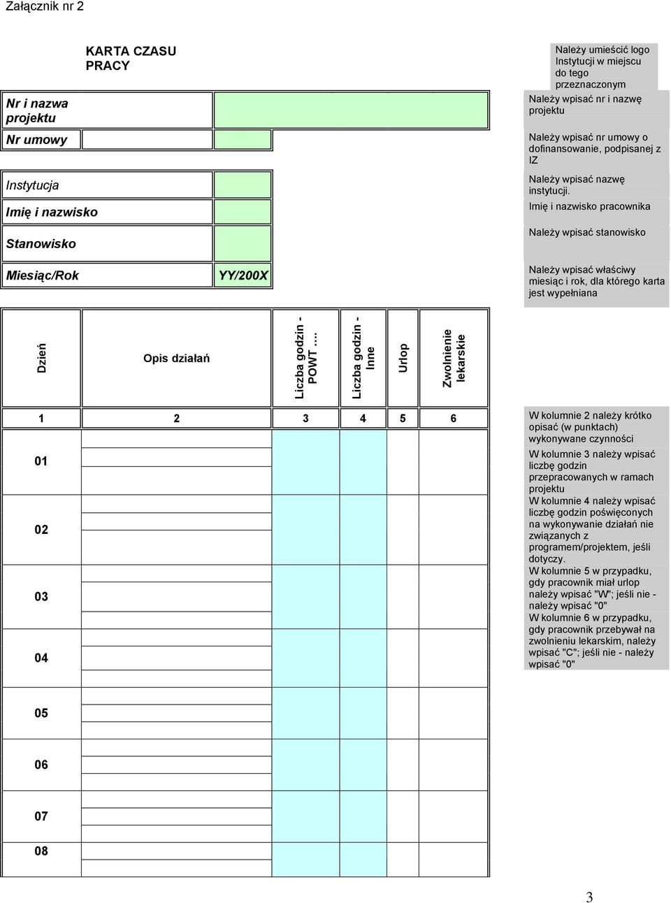 Imię i nazwisko pracownika Należy wpisać stanowisko Należy wpisać właściwy miesiąc i rok, dla którego karta jest wypełniana Dzień Opis działań Liczba godzin - POWT.