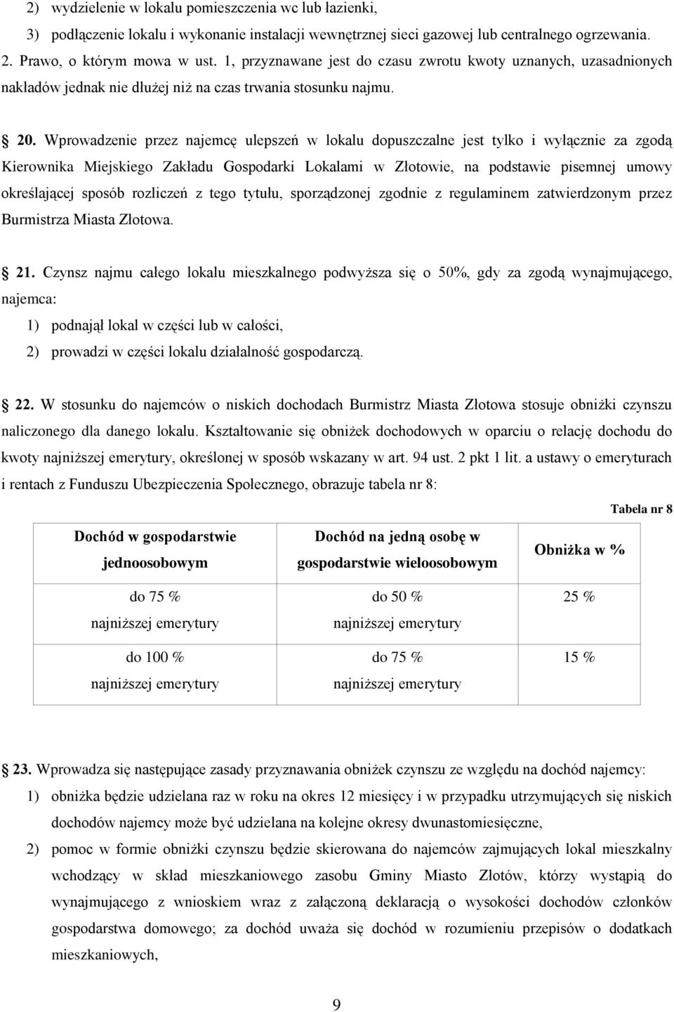 Wprowadzenie przez najemcę ulepszeń w lokalu dopuszczalne jest tylko i wyłącznie za zgodą Kierownika Miejskiego Zakładu Gospodarki Lokalami w Złotowie, na podstawie pisemnej umowy określającej sposób