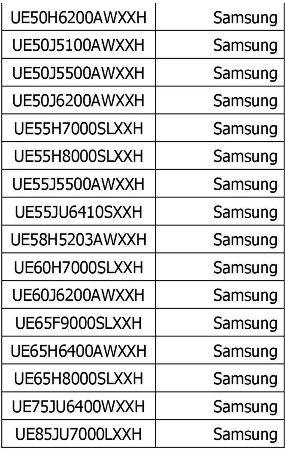 UE58H5203AWXXH UE60H7000SLXXH UE60J6200AWXXH UE65F9000SLXXH