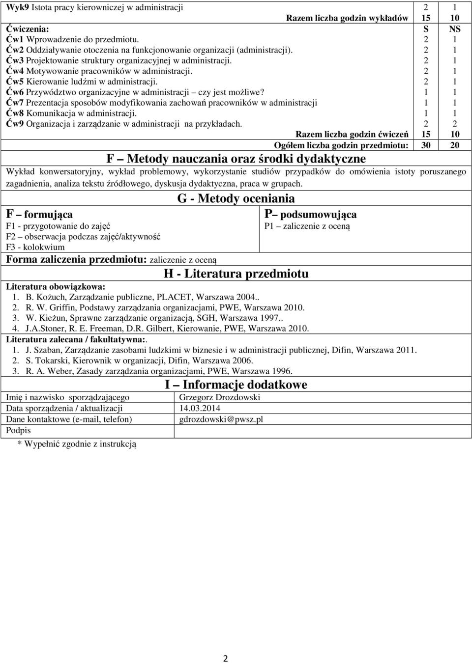 Ćw6 Przywództwo organizacyjne w administracji czy jest możliwe? Ćw7 Prezentacja sposobów modyfikowania zachowań pracowników w administracji Ćw8 Komunikacja w administracji.