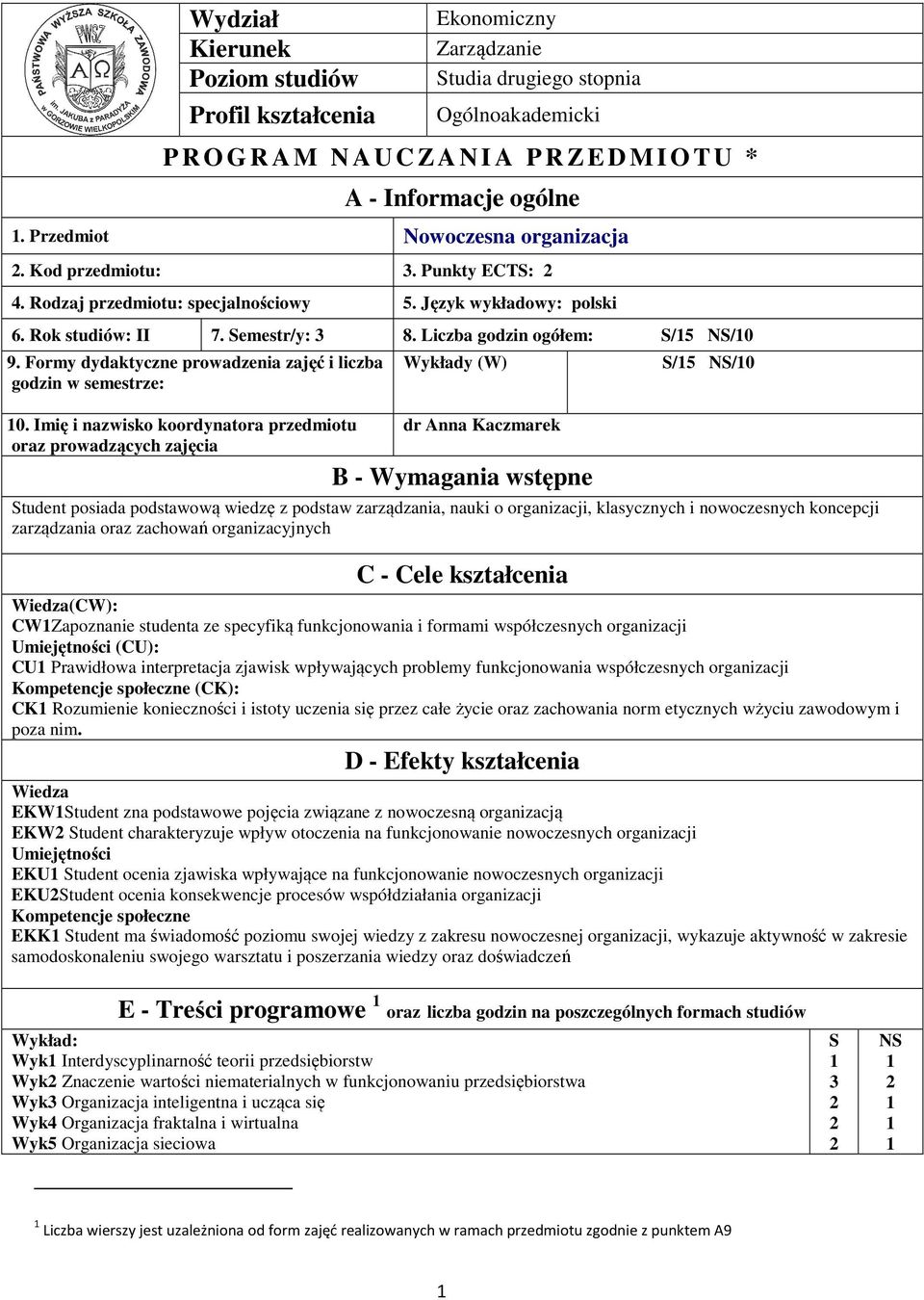Formy dydaktyczne prowadzenia zajęć i liczba godzin w semestrze: 0.