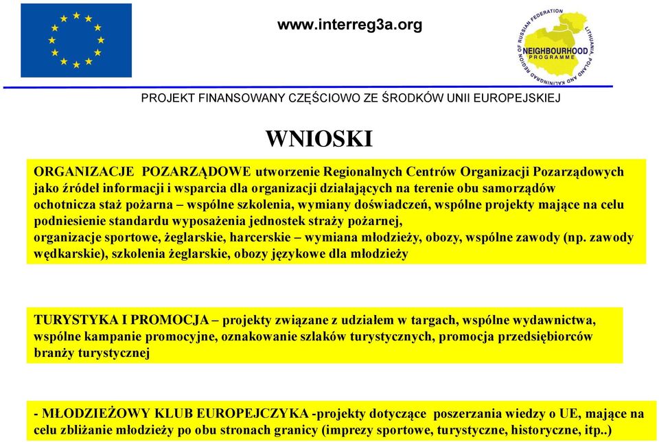 działających na terenie obu samorządów ochotnicza staż pożarna wspólne szkolenia, wymiany doświadczeń, wspólne projekty mające na celu podniesienie standardu wyposażenia jednostek straży pożarnej,