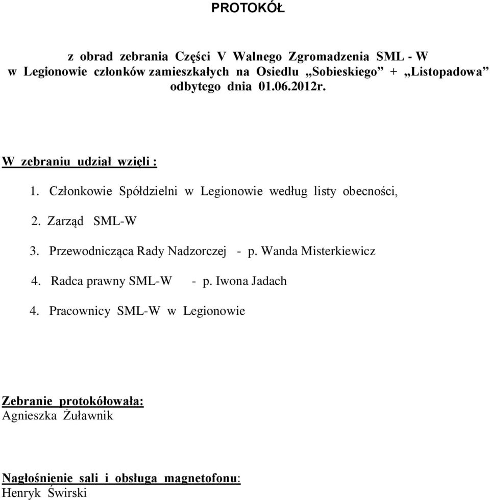 Członkowie Spółdzielni w Legionowie według listy obecności, 2. Zarząd SML-W 3. Przewodnicząca Rady Nadzorczej - p.