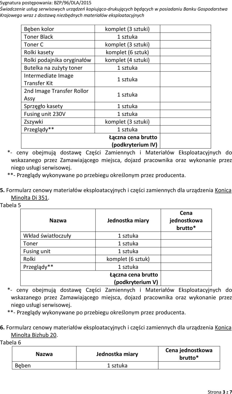 Formularz cenowy materiałów eksploatacyjnych i części zamiennych dla urządzenia Konica Minolta Di 351.