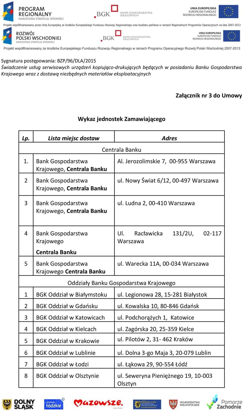 Ludna 2, 00-410 Warszawa 4 Bank Gospodarstwa Krajowego Centrala Banku 5 Bank Gospodarstwa Krajowego Centrala Banku Ul. Racławicka 131/2U, 02-117 Warszawa ul.