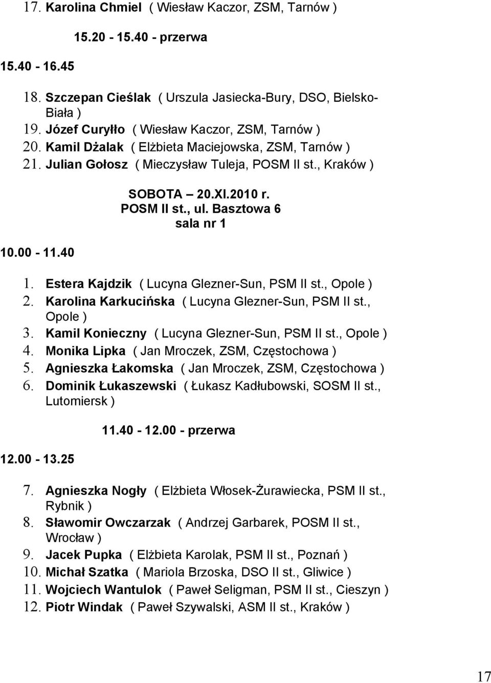 POSM II st., ul. Basztowa 6 sala nr 1 1. Estera Kajdzik ( Lucyna Glezner-Sun, PSM II st., Opole ) 2. Karolina Karkucińska ( Lucyna Glezner-Sun, PSM II st., Opole ) 3.