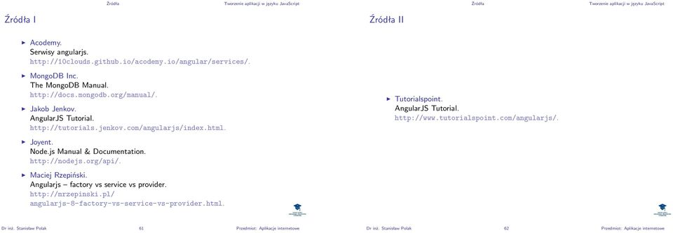 org/api/. Maciej Rzepiński. Angularjs factory vs service vs provider. http://mrzepinski.pl/ angularjs-8-factory-vs-service-vs-provider.html. Tutorialspoint.