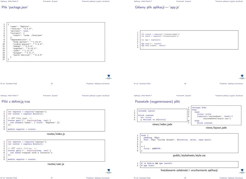 .0 ", 1 " express " : " ~.13.1 ", 13 " jade " : " ~1.11.0 ", 1 " morgan " : " ~1.6.1 ", 15 "serve - favicon " : " ~.3.0 " 16 } 17 } var routes = require (./ routes / index ) ; 3 var users = require (.