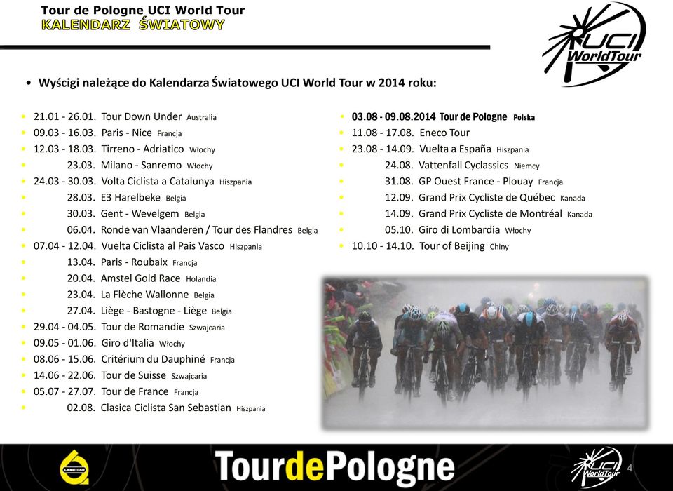 08-09.08.2014 Tour de Pologne Polska 11.08-17.08. Eneco Tour 23.08-14.09. Vuelta a España Hiszpania 24.08. Vattenfall Cyclassics Niemcy 31.08. GP Ouest France - Plouay Francja 12.09. Grand Prix Cycliste de Québec Kanada 14.