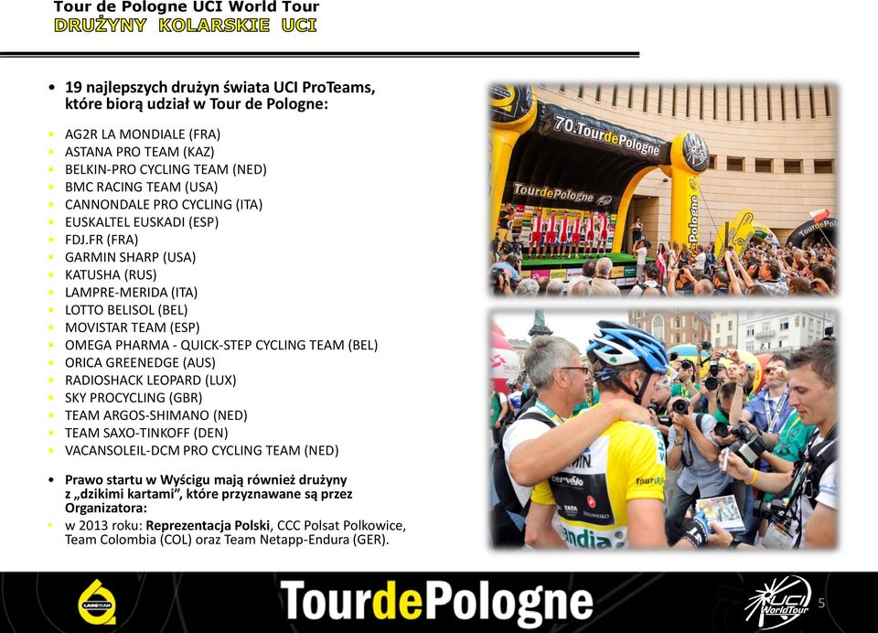 FR (FRA) GARMIN SHARP (USA) KATUSHA (RUS) LAMPRE-MERIDA (ITA) LOTTO BELISOL (BEL) MOVISTAR TEAM (ESP) OMEGA PHARMA - QUICK-STEP CYCLING TEAM (BEL) ORICA GREENEDGE (AUS) RADIOSHACK LEOPARD