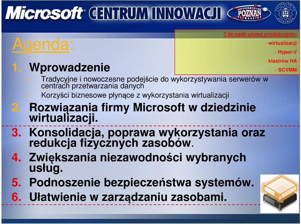 Korzyści biznesowe płynące z wykorzystania wirtualizacji 2. Rozwiązania firmy Microsoft w dziedzinie wirtualizacji. 3.