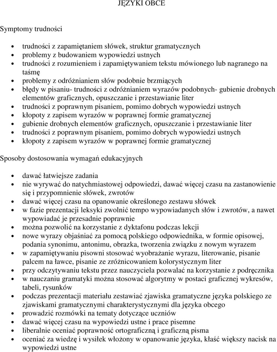 poprawnym pisaniem, pomimo dobrych wypowiedzi ustnych kłopoty z zapisem wyrazów w poprawnej formie gramatycznej gubienie drobnych elementów graficznych, opuszczanie i przestawianie liter trudności z