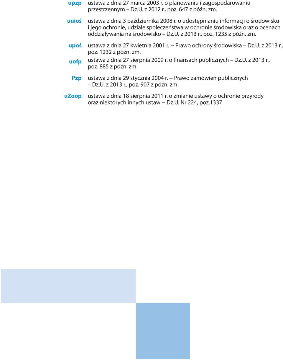 ustawa z dnia 27 kwietnia 2001 r. Prawo ochrony środowiska Dz.U. z 2013 r., poz. 1232 z późn. zm. ustawa z dnia 27 sierpnia 2009 r. o finansach publicznych Dz.U. z 2013 r., poz. 885 z późn. zm. ustawa z dnia 29 stycznia 2004 r.