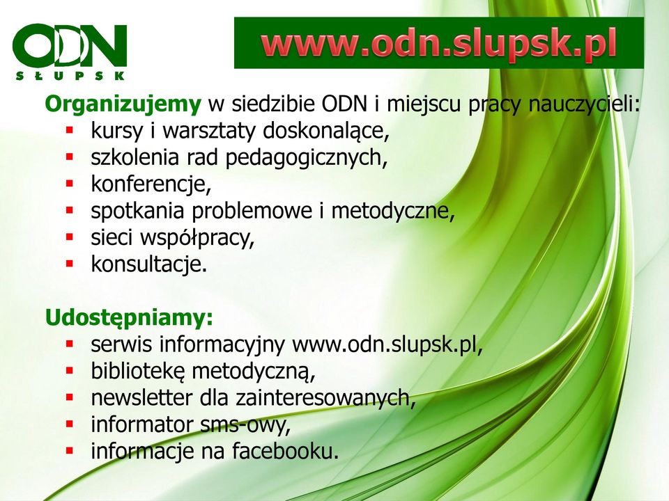 metodyczne, sieci współpracy, konsultacje. Udostępniamy: serwis informacyjny www.odn.