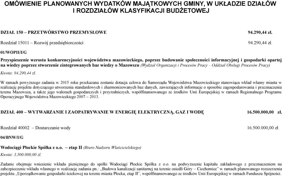 01/WOPII/I/G Przyspieszenie wzrostu konkurencyjności województwa mazowieckiego, poprzez budowanie społeczności informacyjnej i gospodarki opartej na wiedzy poprzez stworzenie zintegrowanych baz