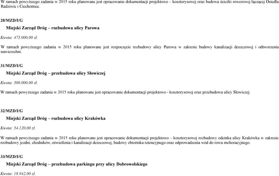 W ramach powyższego zadania w 2015 roku planowane jest rozpoczęcie rozbudowy ulicy Parowa w zakresie budowy kanalizacji deszczowej i odtworzenia nawierzchni.