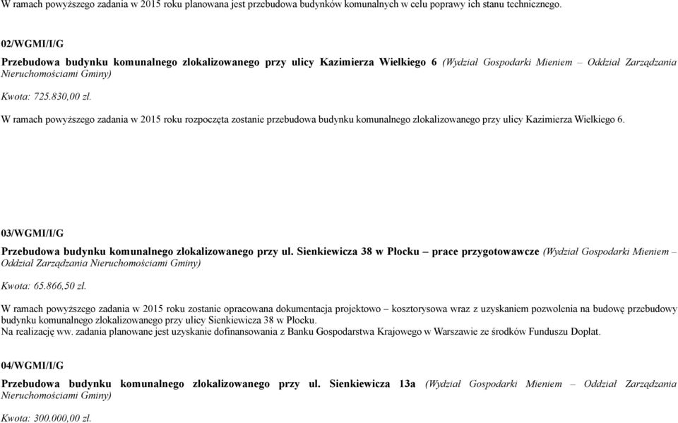 W ramach powyższego zadania w 2015 roku rozpoczęta zostanie przebudowa budynku komunalnego zlokalizowanego przy ulicy Kazimierza Wielkiego 6.