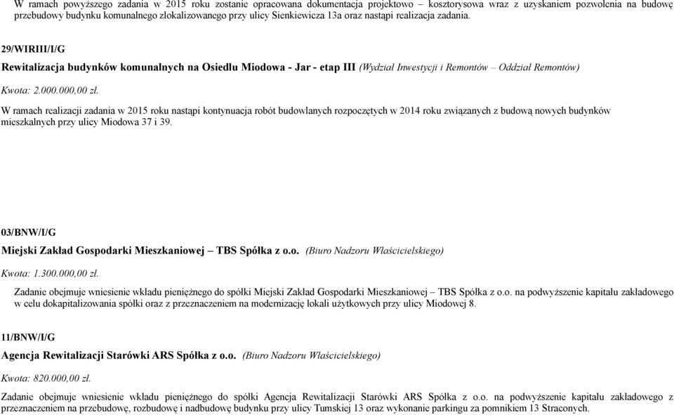 000,00 zł. W ramach realizacji zadania w 2015 roku nastąpi kontynuacja robót budowlanych rozpoczętych w 2014 roku związanych z budową nowych budynków mieszkalnych przy ulicy Miodowa 37 i 39.