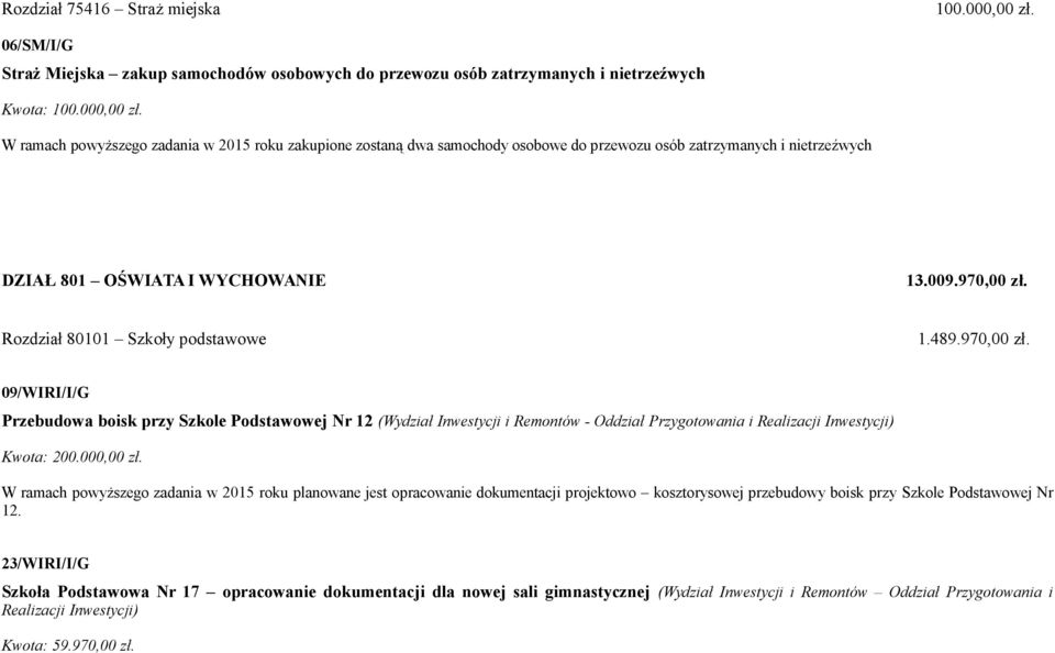 W ramach powyższego zadania w 2015 roku zakupione zostaną dwa samochody osobowe do przewozu osób zatrzymanych i nietrzeźwych DZIAŁ 801 OŚWIATA I WYCHOWANIE 13.009.970,00 zł.