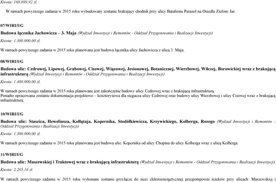 W ramach powyższego zadania w 2015 roku planowana jest budowa łącznika ulicy Jachowicza z ulicą 3. Maja.