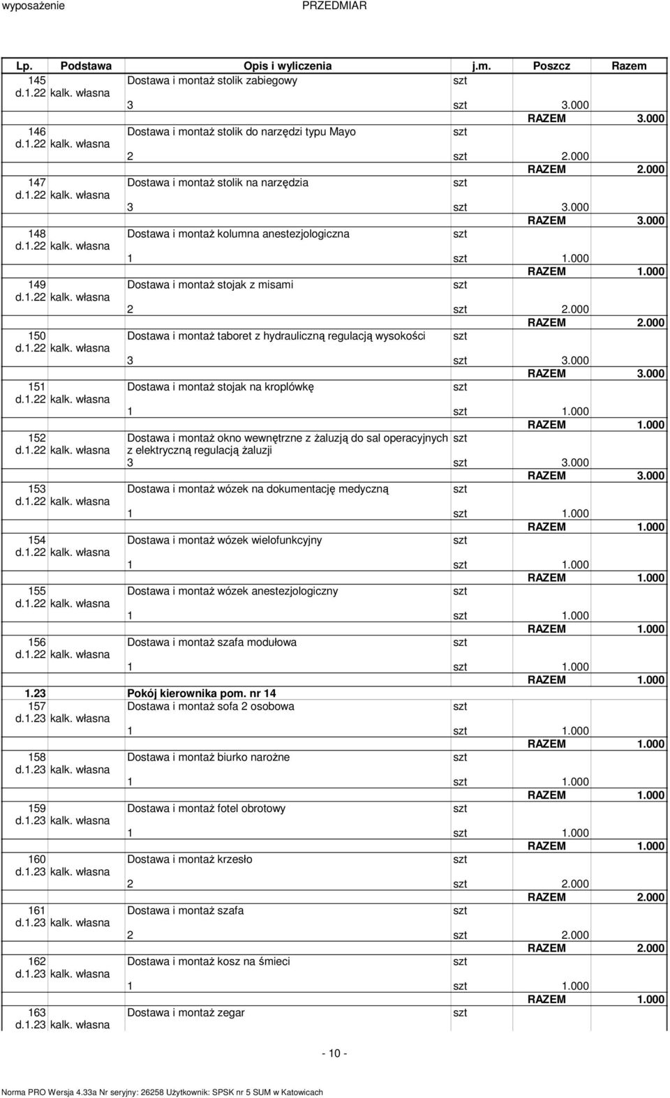 000 152 Dostawa i ontaż okno wewnętrzne z żaluzją do sal operacyjnych z elektryczną regulacją żaluzji 3 3.000 153 Dostawa i ontaż wózek na dokuentację edyczną 1 1.