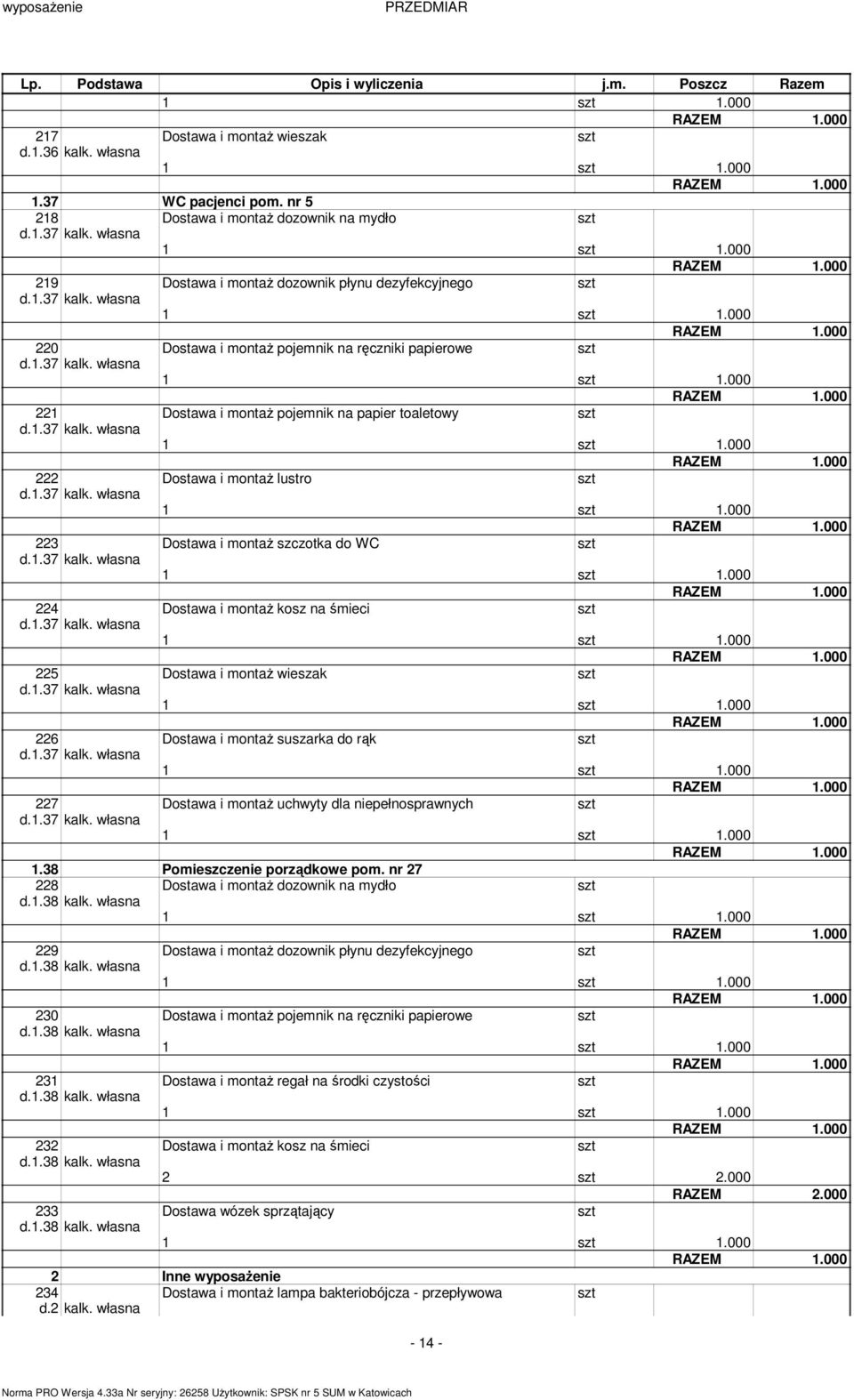 000 227 Dostawa i ontaż uchwyty dla niepełnosprawnych 1 1.000 1.38 Poieszczenie porządkowe po. nr 27 228 d.1.38 kalk. własna 1 1.000 229 d.1.38 kalk. własna 1 1.000 230 d.1.38 kalk. własna 1 1.000 231 Dostawa i ontaż regał na środki czystości d.