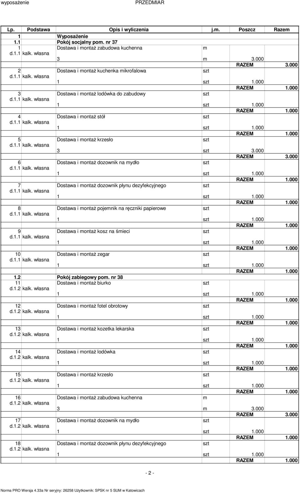 000 1.2 Pokój zabiegowy po. nr 38 11 Dostawa i ontaż biurko 1 1.000 12 Dostawa i ontaż fotel obrotowy 1 1.000 13 Dostawa i ontaż kozetka lekarska 1 1.