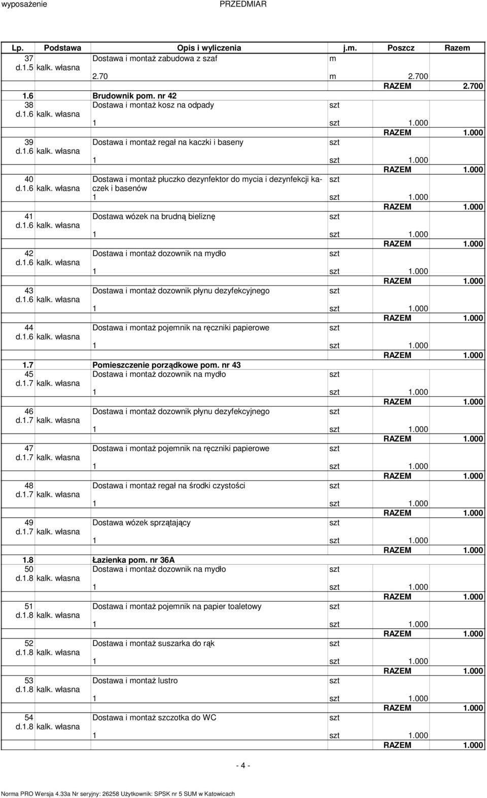 000 41 Dostawa wózek na brudną bieliznę d.1.6 kalk. własna 1 1.000 42 d.1.6 kalk. własna 1 1.000 43 d.1.6 kalk. własna 1 1.000 44 d.1.6 kalk. własna 1 1.000 1.7 Poieszczenie porządkowe po. nr 43 45 d.