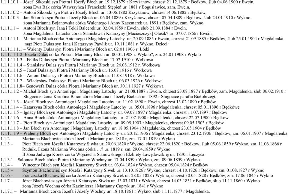 1889 r Krzyżanów, chrzest 07.04.1889 r Będków, ślub 24.01.1910 r Wykno. żona Marianna Bojanowska córka Walentego i Anny Kaczmarek ur. 1891 r Będków, zam. Wykno, 1.1.1.11 Antoni Błoch syn Jana i Tekli Balcerek ur.