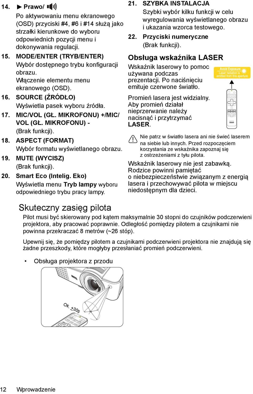 MIKROFONU) +/MIC/ VOL (GŁ. MIKROFONU) - (Brak funkcji). 18. ASPECT (FORMAT) Wybór formatu wyświetlanego obrazu. 19. MUTE (WYCISZ) (Brak funkcji). 20. Smart Eco (Intelig.