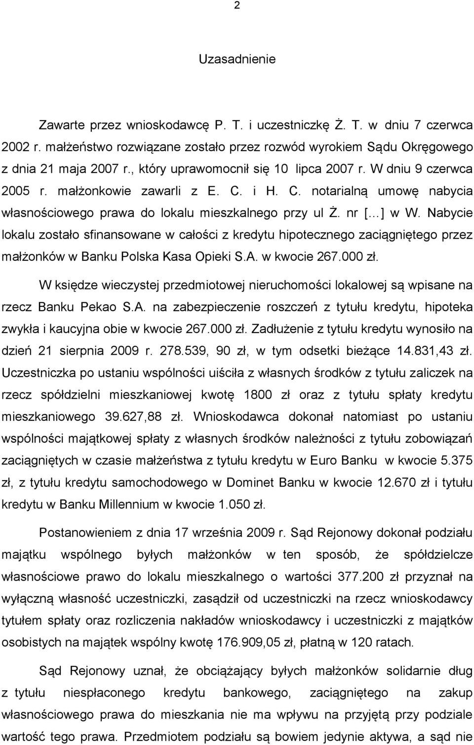 Nabycie lokalu zostało sfinansowane w całości z kredytu hipotecznego zaciągniętego przez małżonków w Banku Polska Kasa Opieki S.A. w kwocie 267.000 zł.