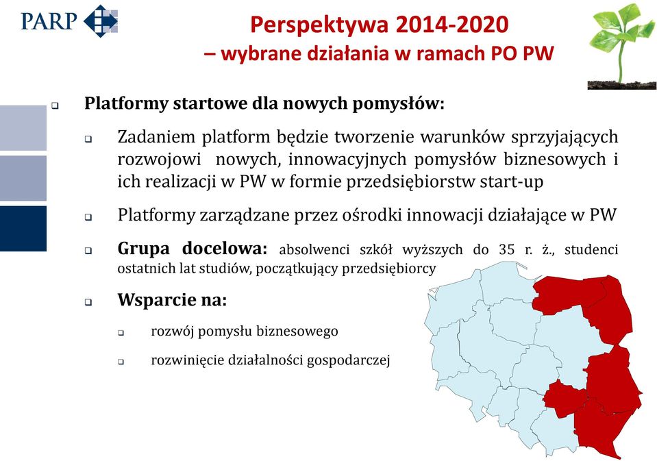 przedsiębiorstw start-up Platformy zarządzane przez ośrodki innowacji działające w PW Grupa docelowa: absolwenci szkół wyższych