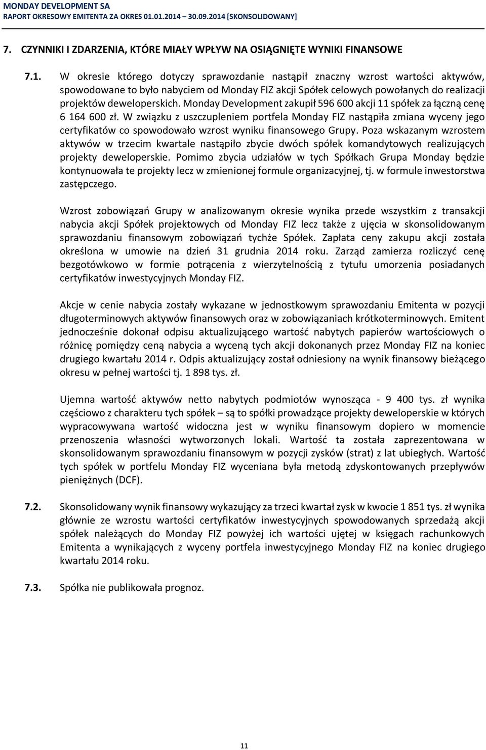Monday Development zakupił 596 600 akcji 11 spółek za łączną cenę 6 164 600 zł.