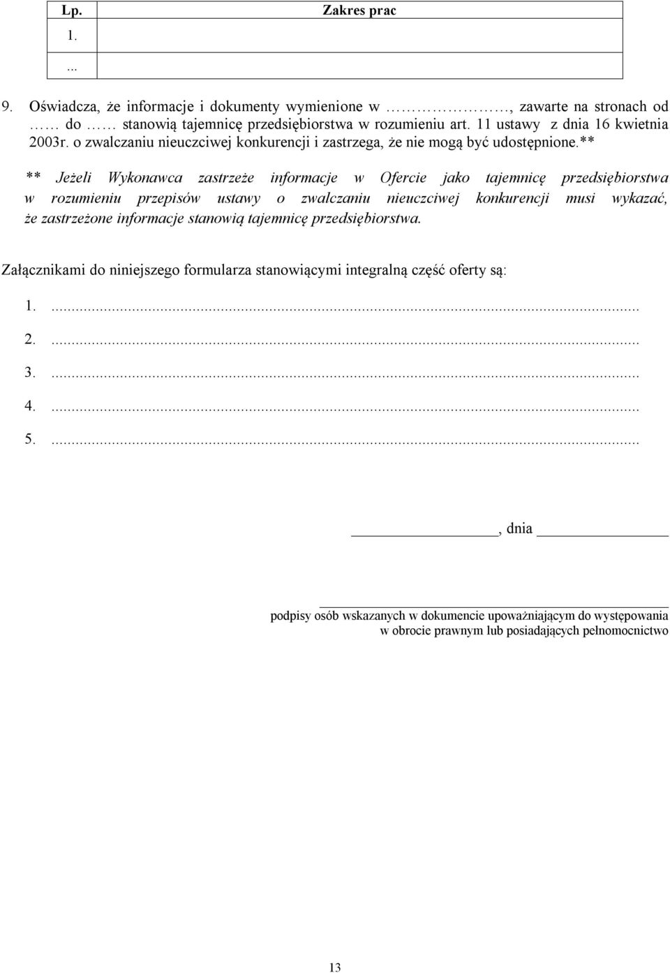 ** ** Jeżeli Wykonawca zastrzeże informacje w Ofercie jako tajemnicę przedsiębiorstwa w rozumieniu przepisów ustawy o zwalczaniu nieuczciwej konkurencji musi wykazać, że zastrzeżone