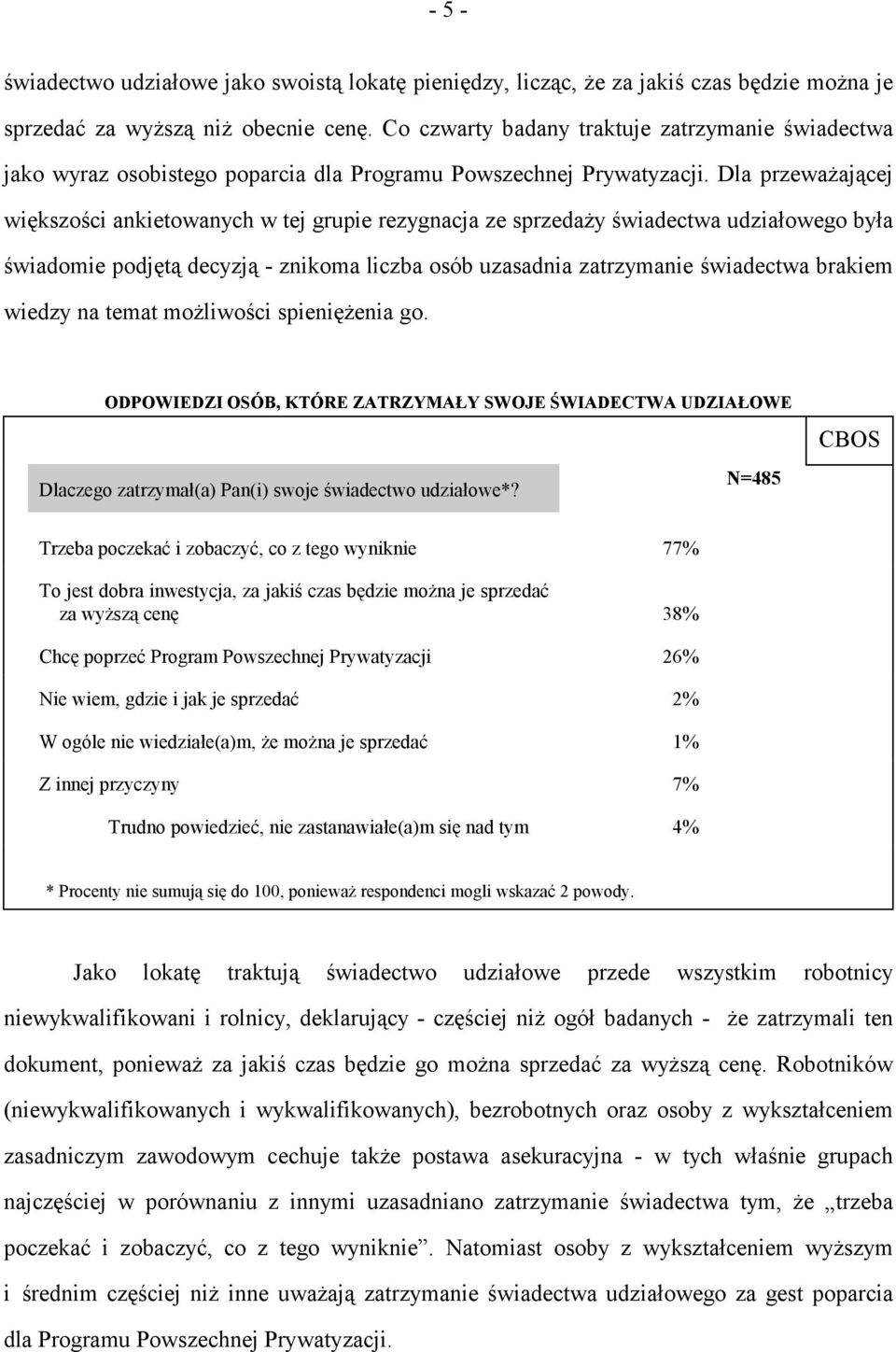 Dla przeważającej większości ankietowanych w tej grupie rezygnacja ze sprzedaży świadectwa udziałowego była świadomie podjętą decyzją - znikoma liczba osób uzasadnia zatrzymanie świadectwa brakiem