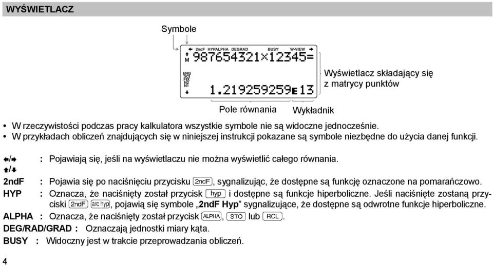 2ndF : Pojawia się po naciśnięciu przycisku, sygnalizując, że dostępne są funkcję oznaczone na pomarańczowo. HYP : Oznacza, że naciśnięty został przycisk i dostępne są funkcje hiperboliczne.