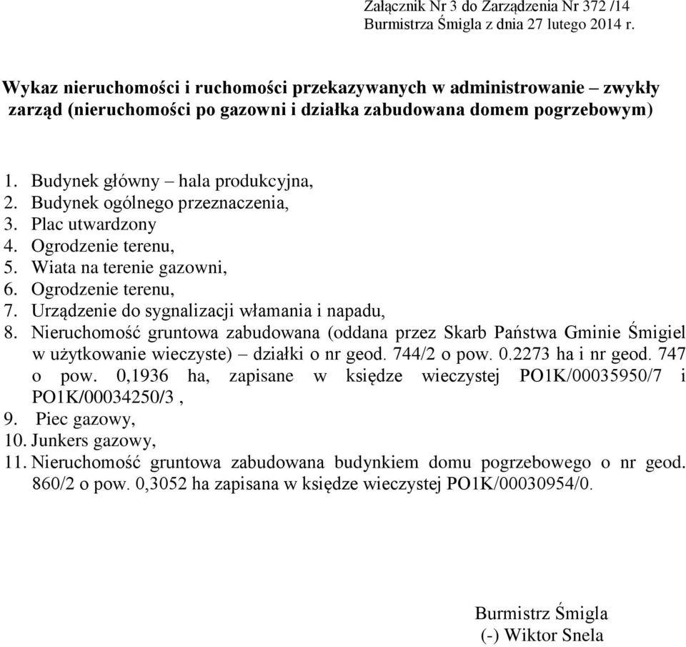 Budynek ogólnego przeznaczenia, 3. Plac utwardzony 4. Ogrodzenie terenu, 5. Wiata na terenie gazowni, 6. Ogrodzenie terenu, 7. Urządzenie do sygnalizacji włamania i napadu, 8.