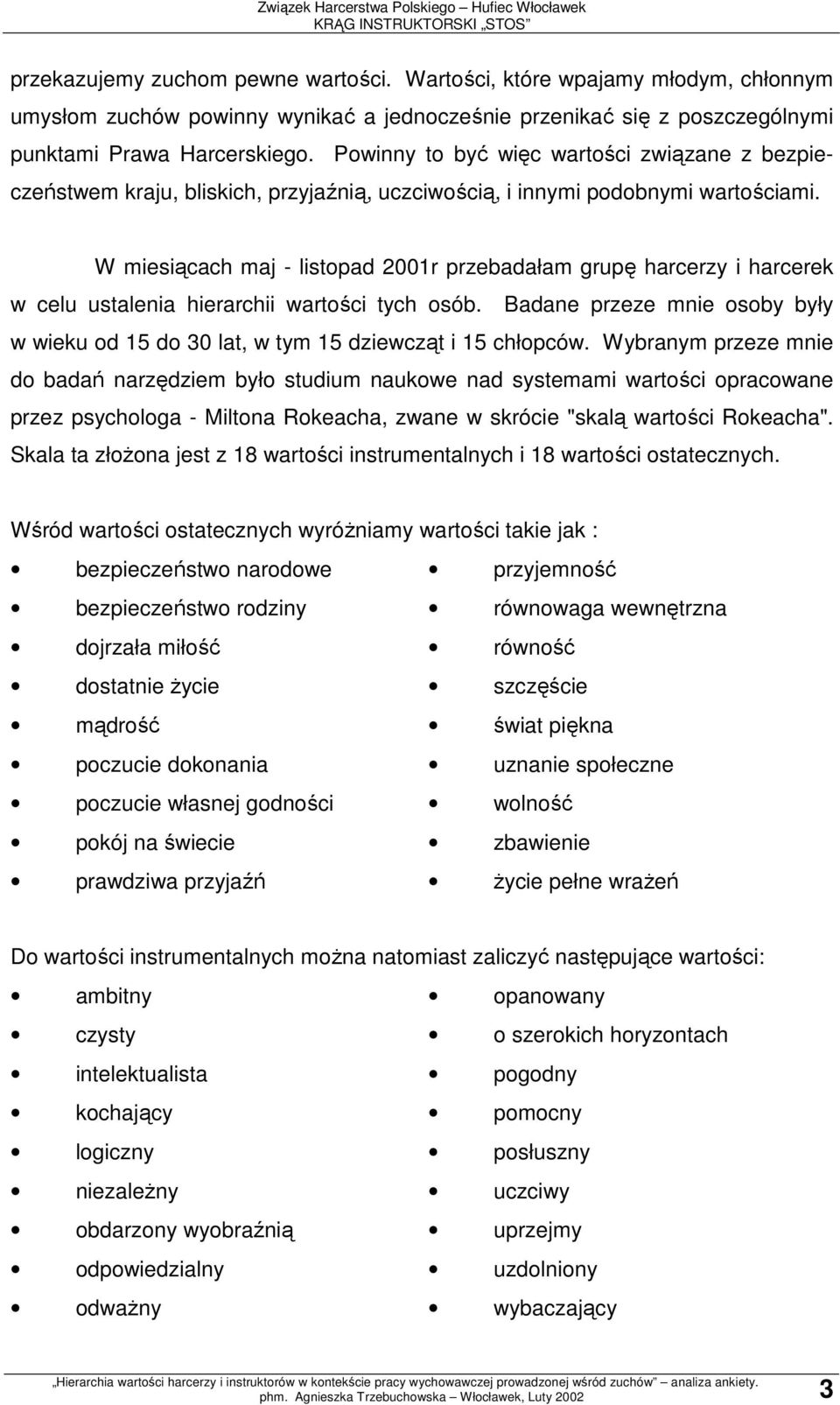 W miesiącach maj - listopad 2001r przebadałam grupę harcerzy i harcerek w celu ustalenia hierarchii wartości tych osób.