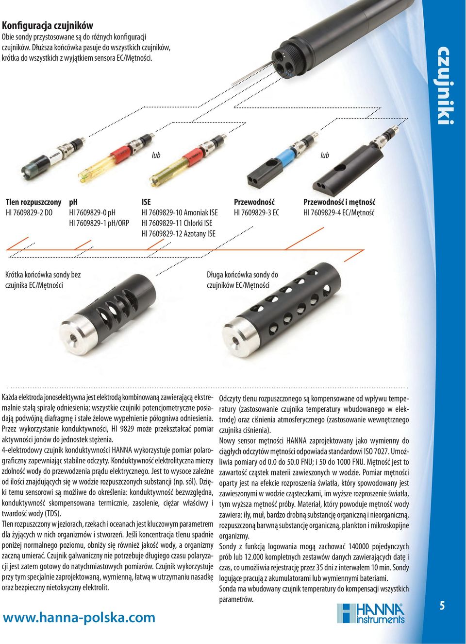 Przewodność i mętność HI 7609829-4 EC/Mętność Krótka końcówka sondy bez czujnika EC/Mętności Długa końcówka sondy do czujników EC/Mętności Każda elektroda jonoselektywna jest elektrodą kombinowaną