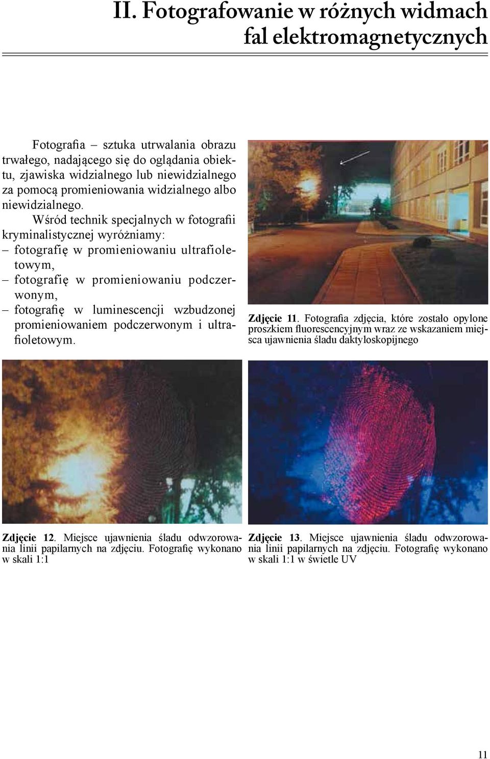 Wśród technik specjalnych w fotografii kryminalistycznej wyróżniamy: fotografię w promieniowaniu ultrafioletowym, fotografię w promieniowaniu podczerwonym, fotografię w luminescencji wzbudzonej